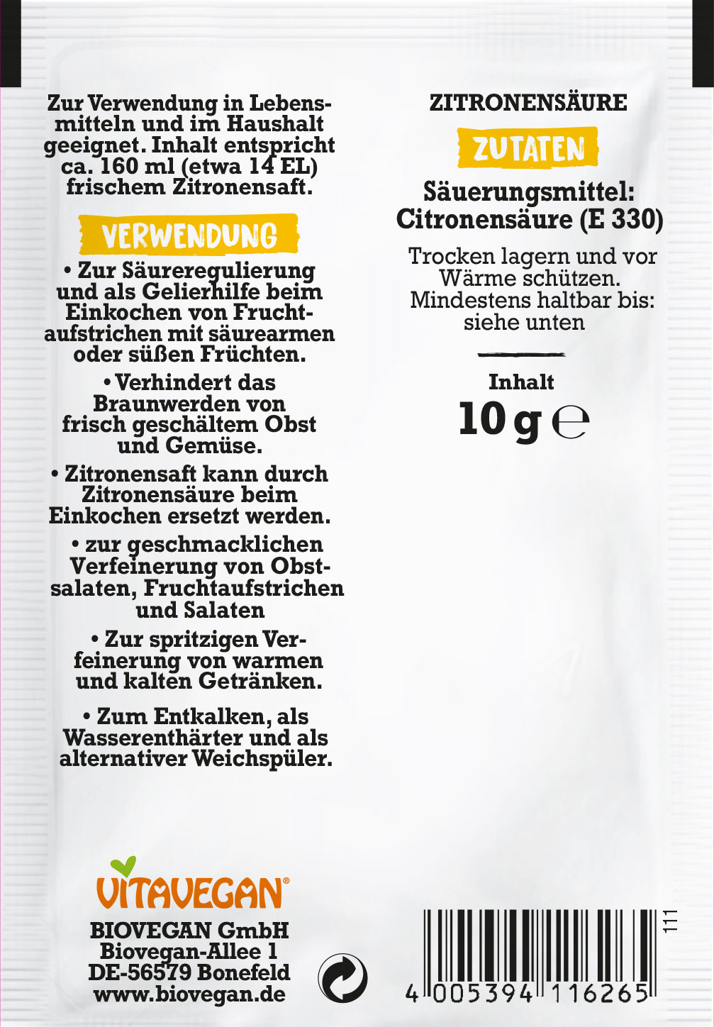 Zitronensäure, konventionell, VITAVEGAN