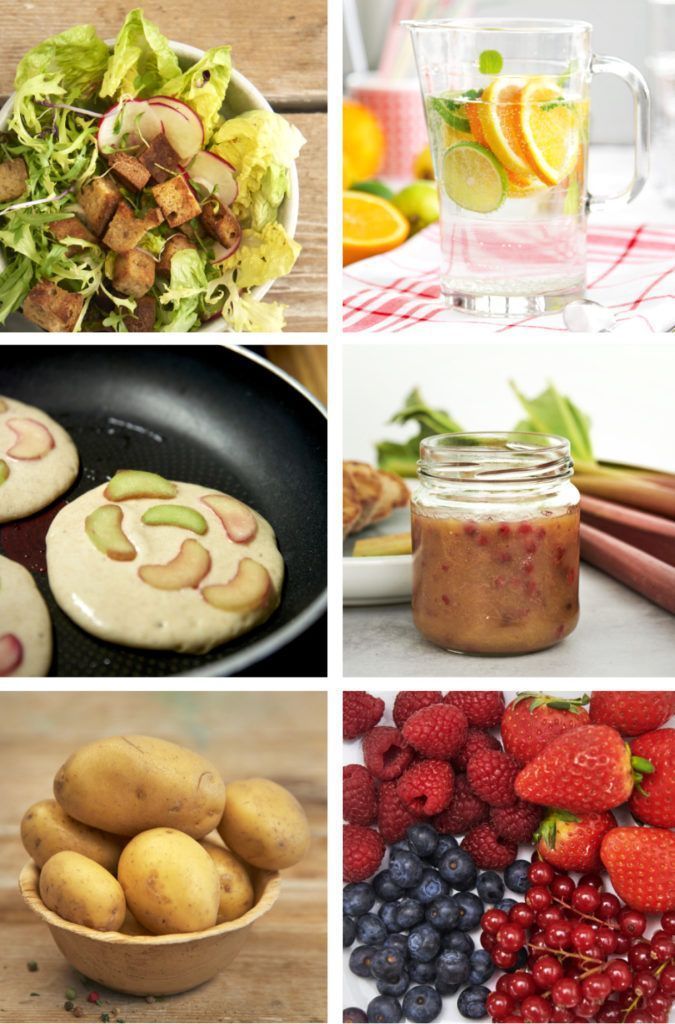 Verschiedene Anwendungen von Natron: Salat, Wasser, Pfannkuchen, Marmelade, Kartoffeln, frisches Obst